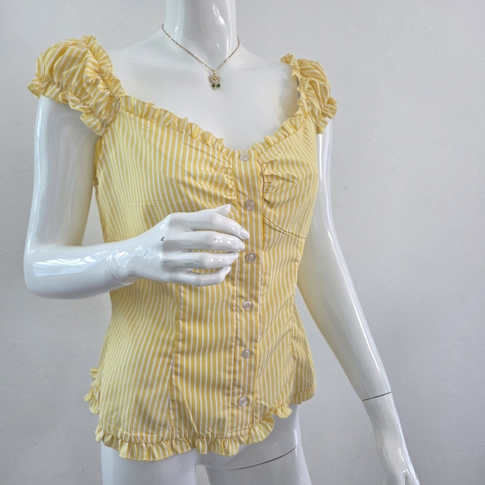Sunny Yellow White Striped Puff Sleeve Blouse Size Large - Picture 3 of 16